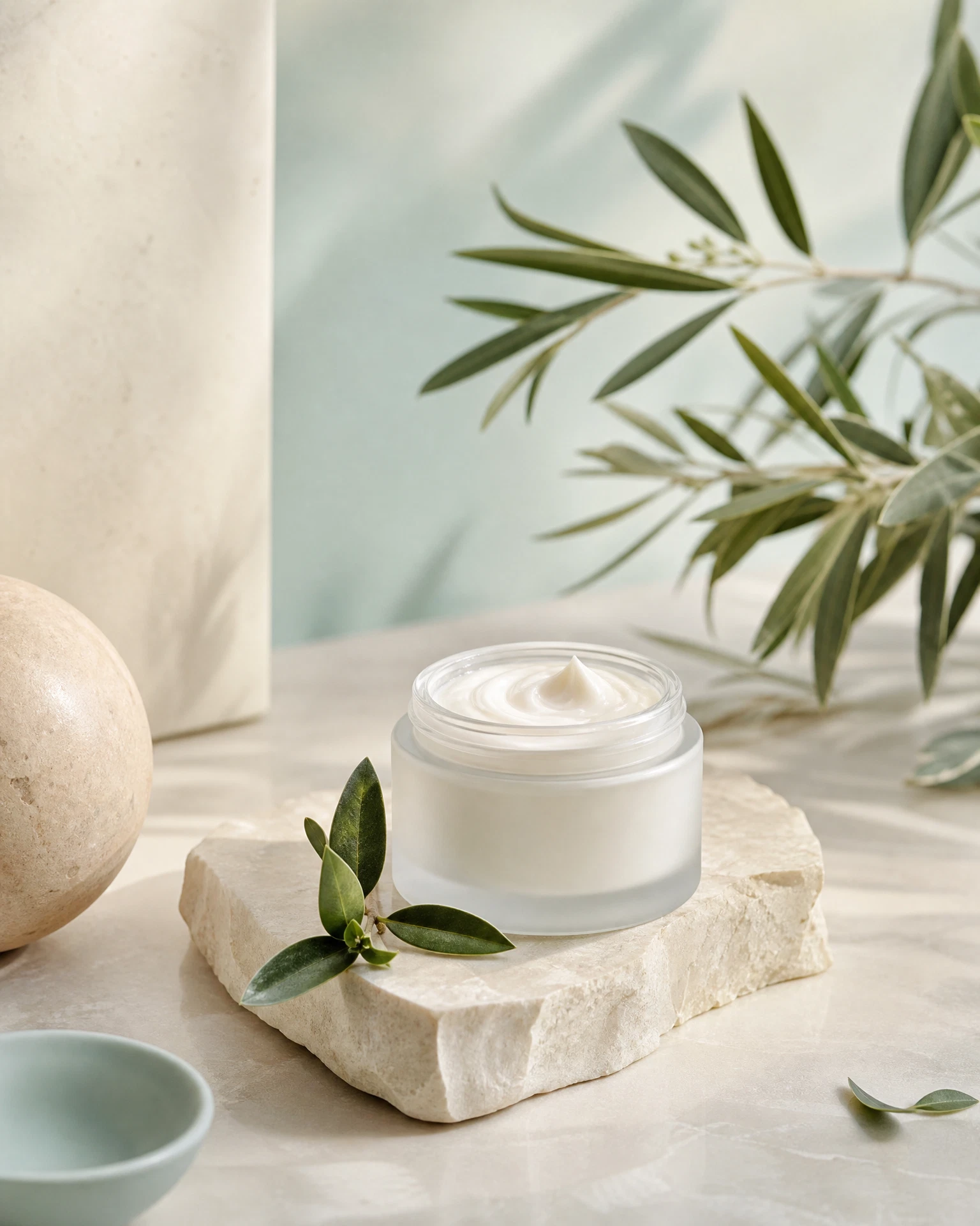 Unbranded skincare cream with botanical leaves for prescription cream treatment context