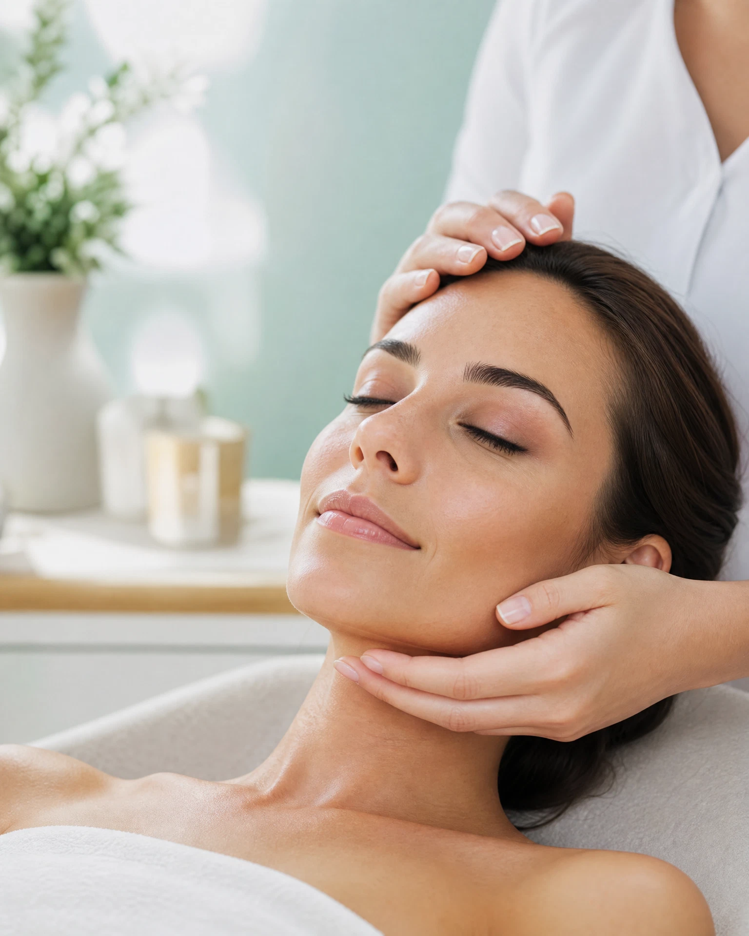 Woman with fresh glowing skin for facial treatment context