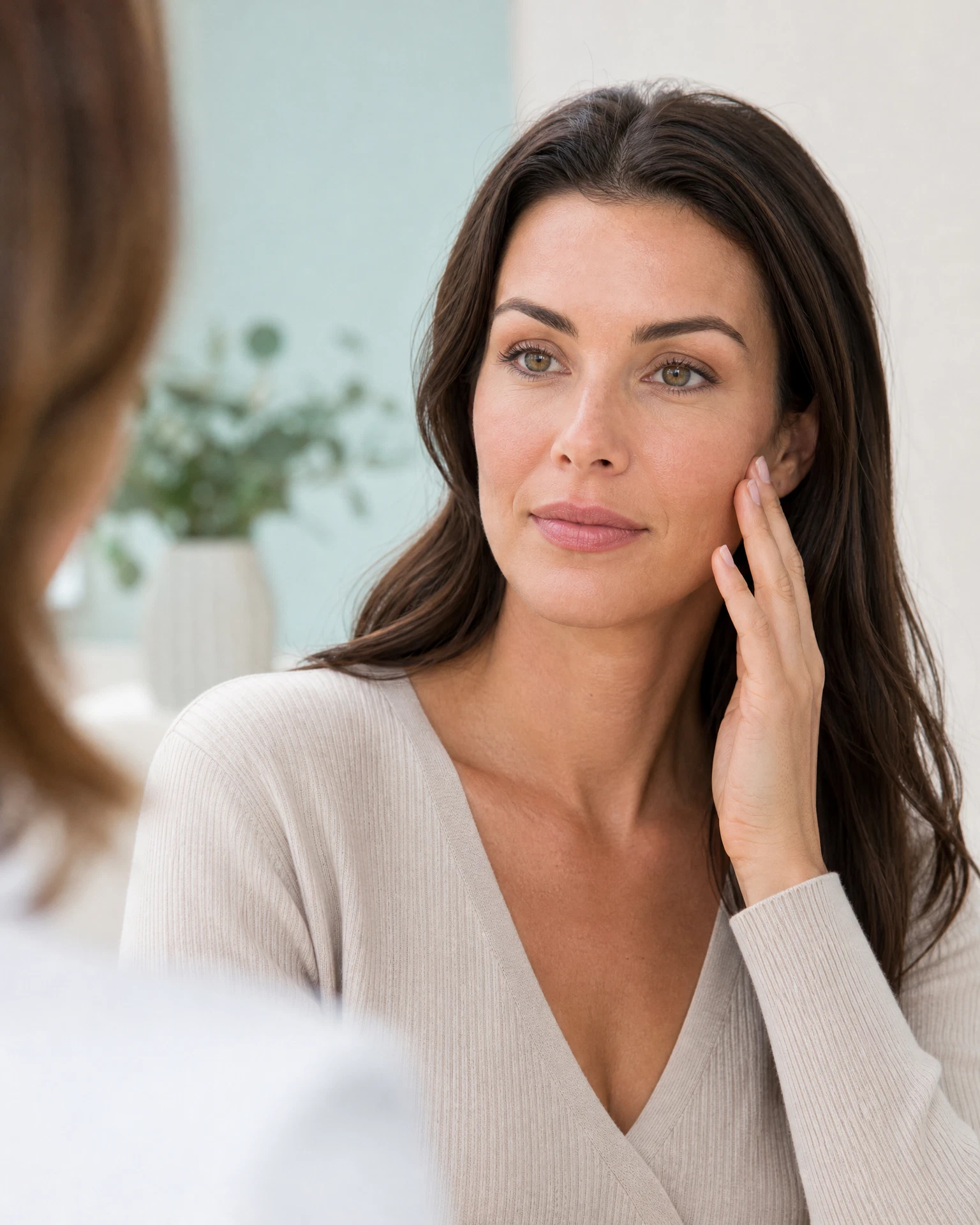 Woman with natural facial features for filler dissolving consultation context