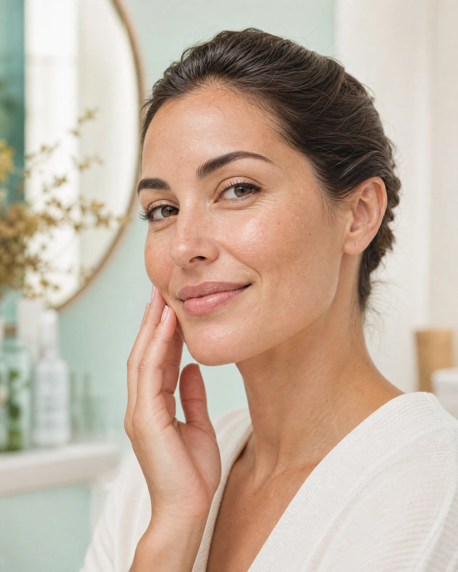 Woman with refined skin texture for microneedling treatment context