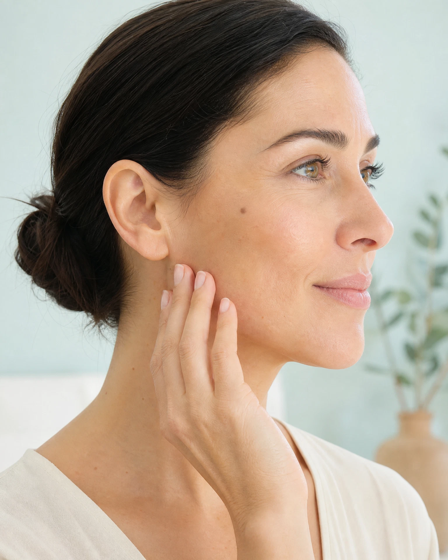 Woman with clear natural skin for mole, wart, and skin tag removal context