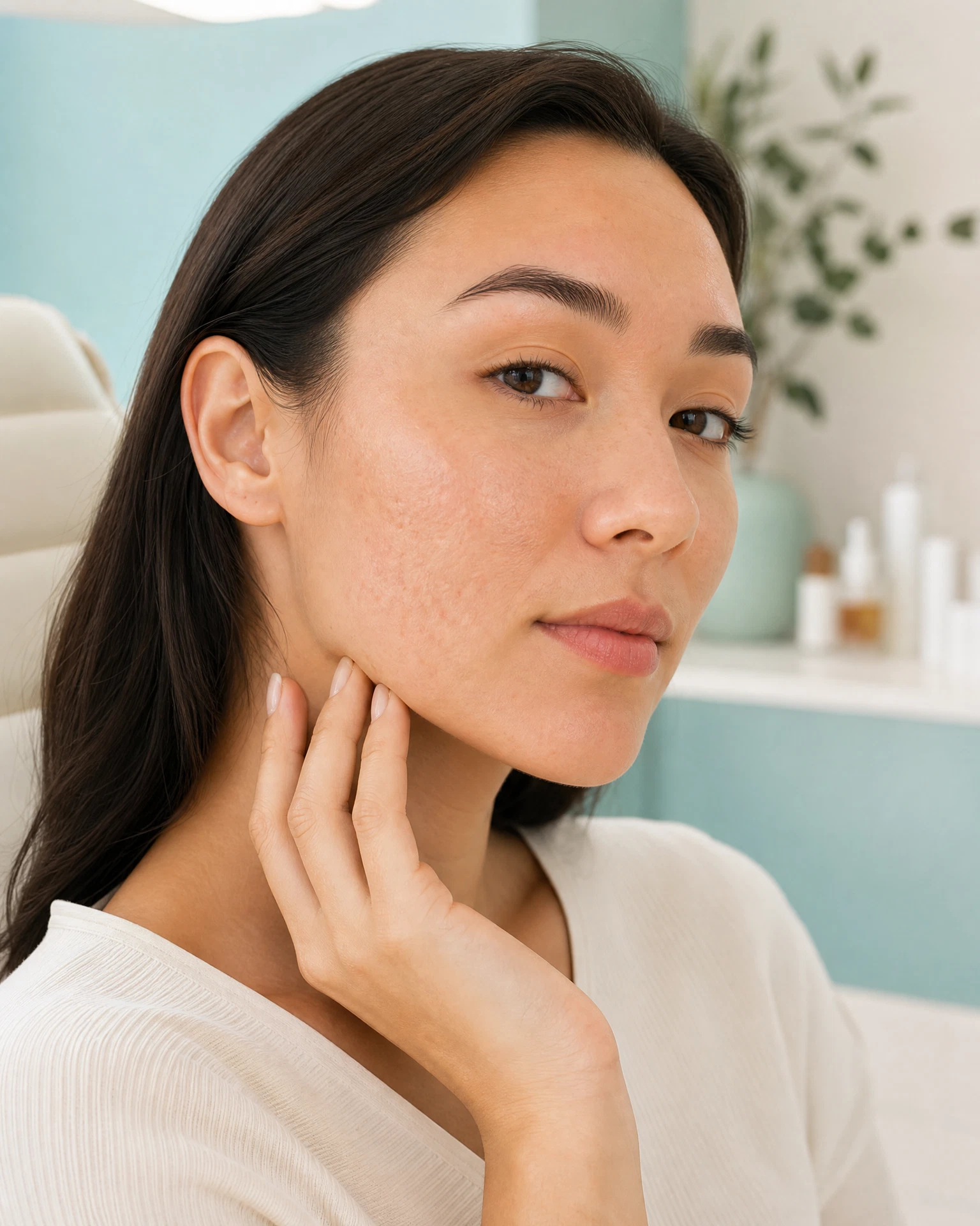 Woman with softly lit skin for acne-scar subcision treatment context